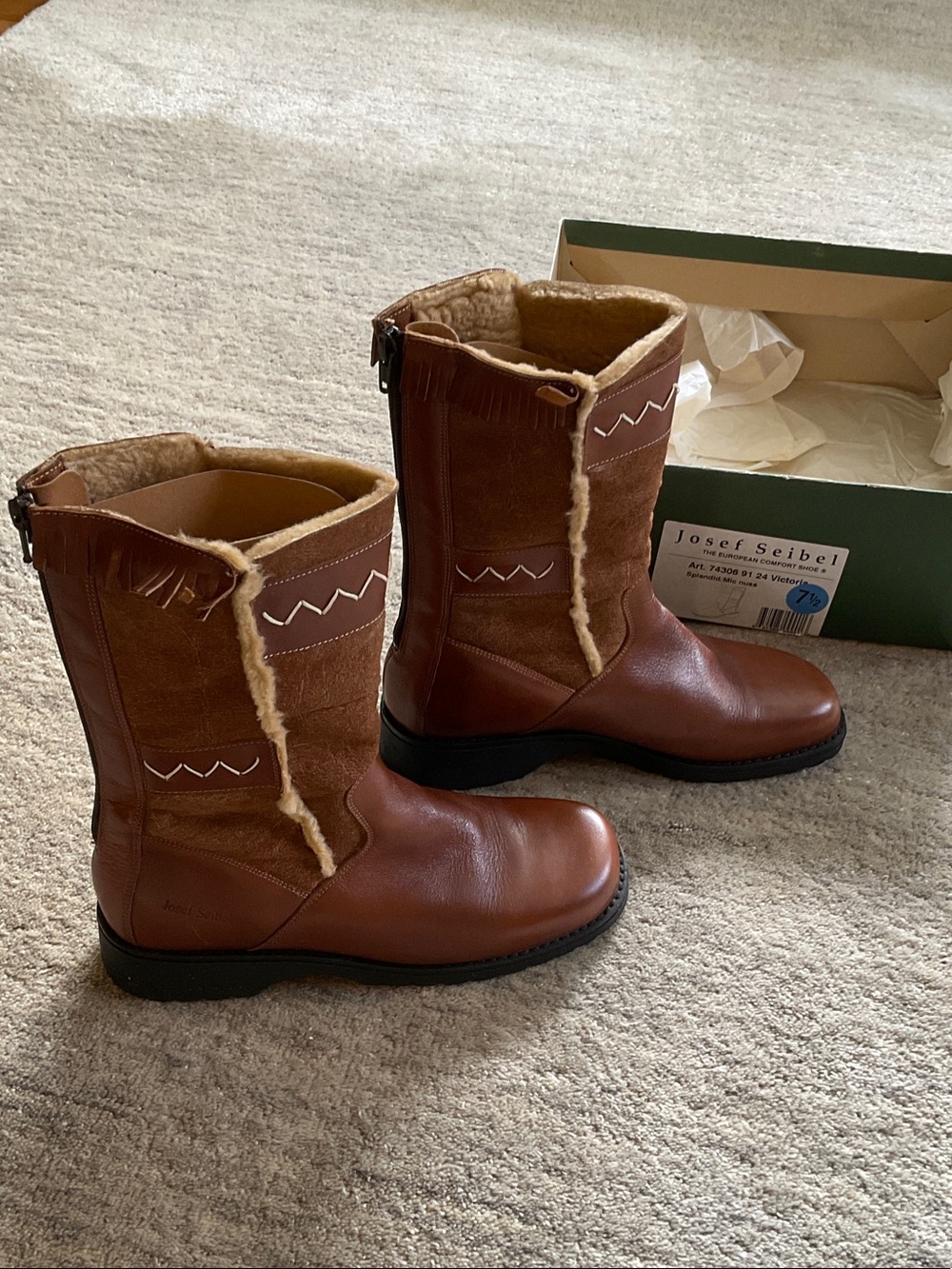 Josef Seibel Women’s Chestnut Brown Leather and suede Shearling-Lined Boots 7.5